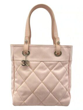 CHANEL Paris Biarritz Tote PM A34208 Light Pink Canvas Leather Tote Bag